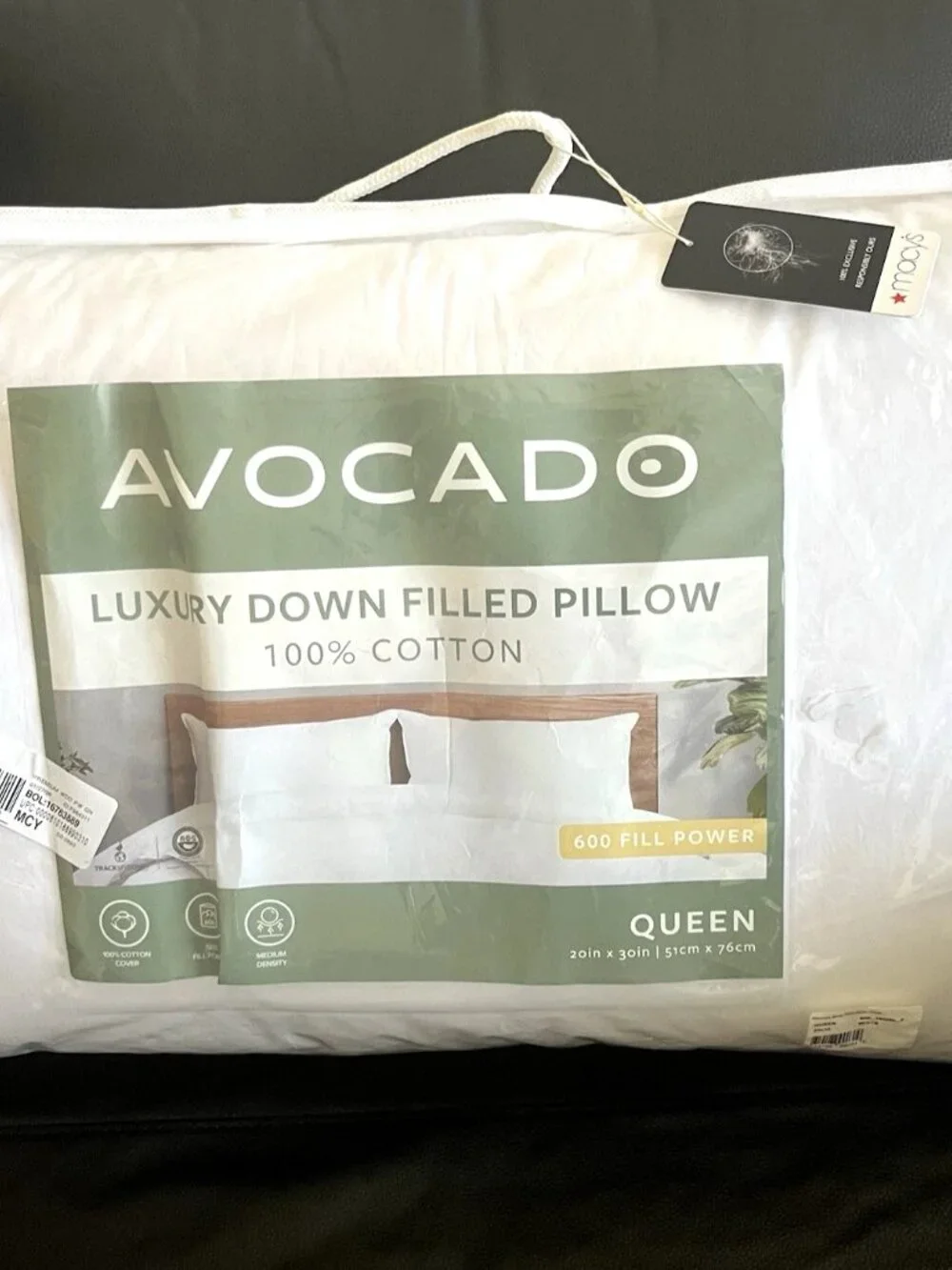 Avocado luxury Down Filled Queen Pillow 100% Cotton Cover 600 Fill Power - $245